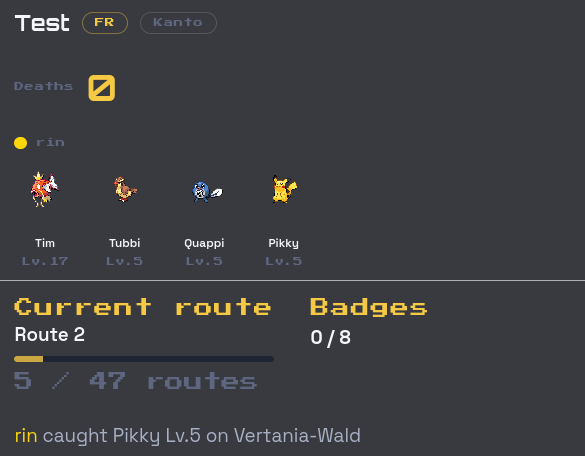 Stream overlay with run header, party, current route, and badge count.